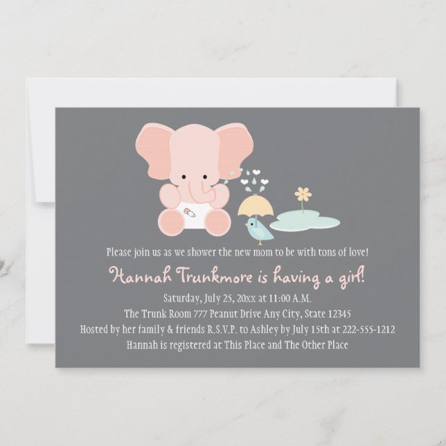 Pink Elephant Little Bird Baby Shower Invitation (Front)