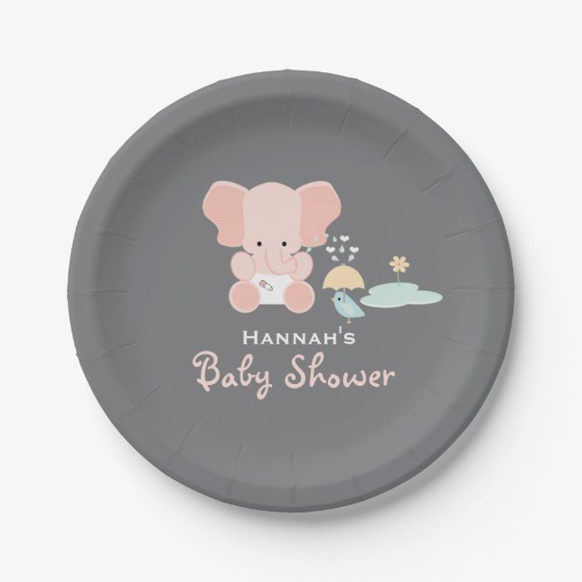 Pink Elephant Little Bird Baby Shower Paper Plate (Front)