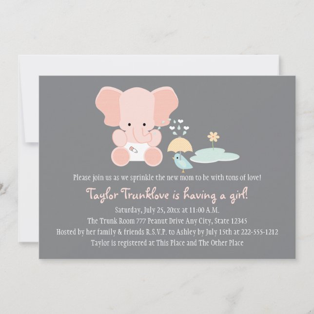 Pink Elephant Little Bird Baby Sprinkle Invitation (Front)