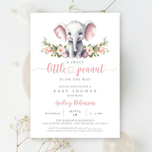 Pink Elephant Little Peanut Baby Girl Shower Invitation (Creator Uploaded)