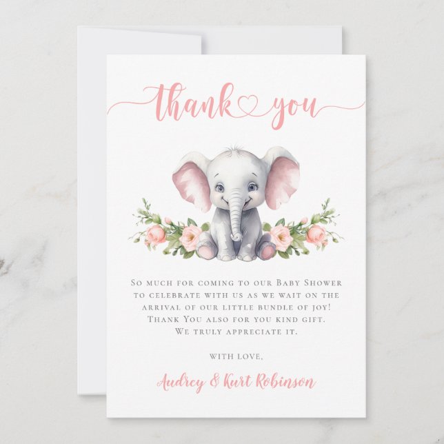 Pink Elephant Little Peanut Baby Girl Shower Thank You Card (Front)