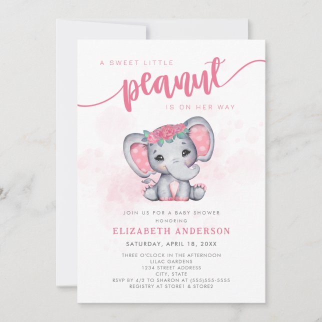Pink Elephant Little Peanut Girl Baby Shower Invitation (Front)
