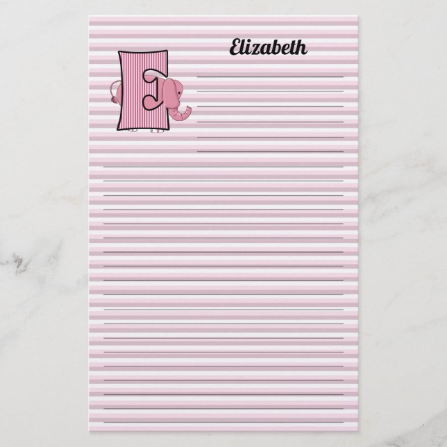 Pink Elephant Mongrammed "E" Lined Stationery (Front)