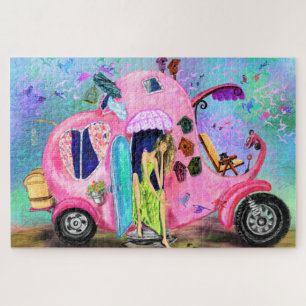 Pink Elephant Motorhome Travelling Girl Puzzle Gif
