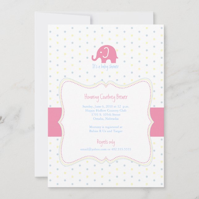 Pink Elephant Multicolor Polkadot Baby Shower Invi Invitation (Front)
