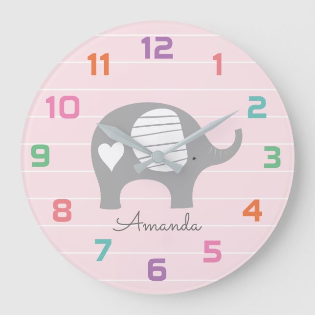 Pink Elephant Nursery Decor Wall Clock (Front)