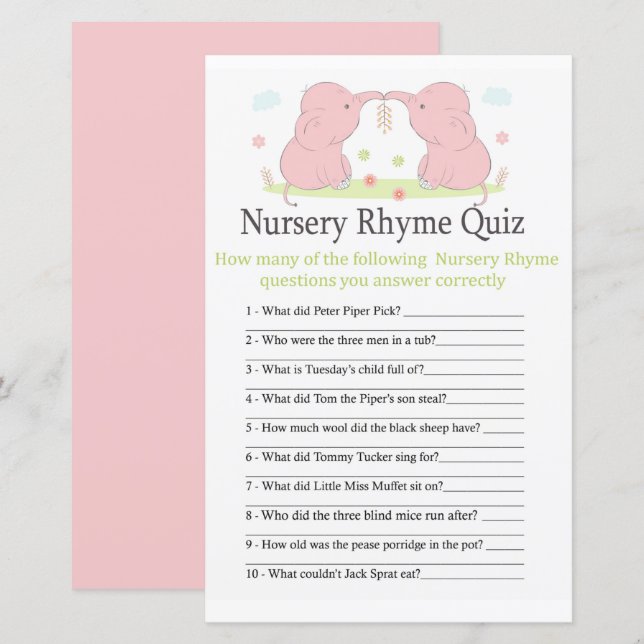 Pink Elephant Nursery Rhyme Quiz baby shower game (Front/Back)