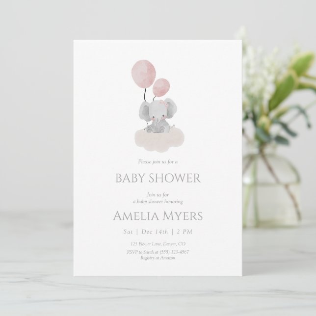 Pink Elephant on Cloud Baby Shower Invitation (Standing Front)
