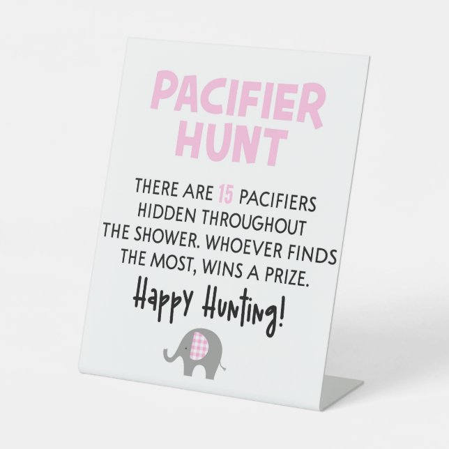 Pink Elephant Pacifier Hunt Baby Shower Game Sign (Front)