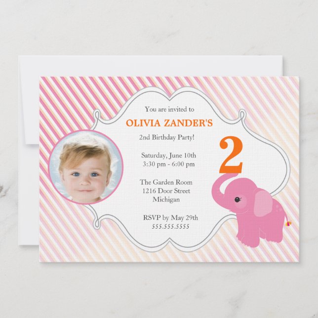Pink Elephant Photo Birthday Invitation (Front)