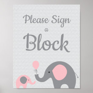 Pink Elephant Please Sign a Block Sign Baby Shower