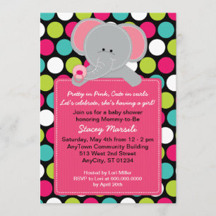Pink Elephant Polkadot Baby Shower Invitation
