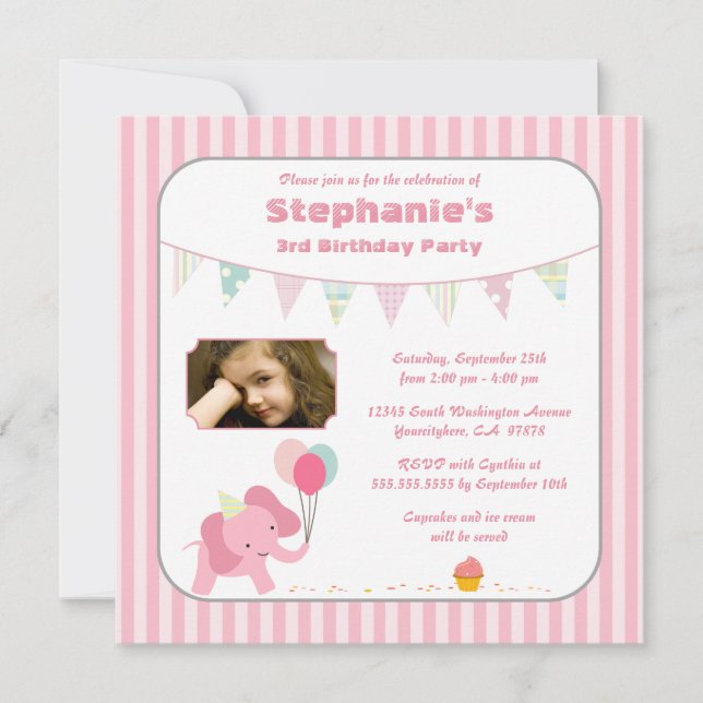 Pink elephant stripes birthday party invitation (Front)