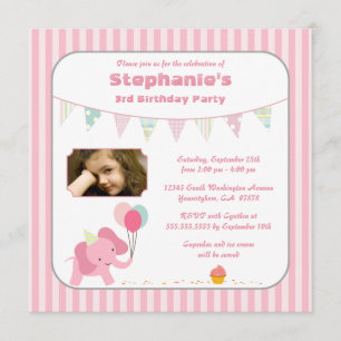 Pink elephant stripes birthday party invitation