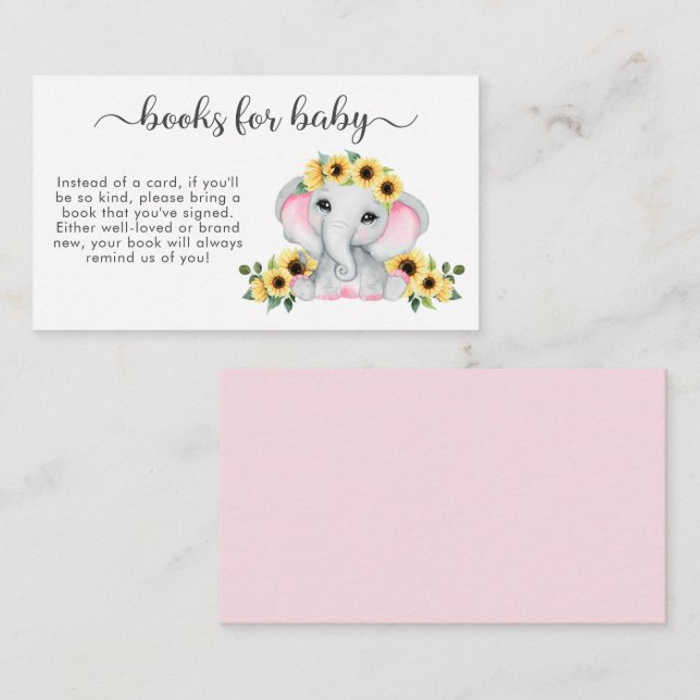 Pink Elephant Sunflowers Books For Baby Shower Enclosure Card (Front/Back)