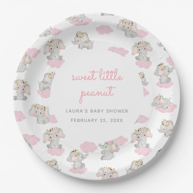 Pink Elephant Sweet Little Peanut Baby Shower Paper Plate (Front)