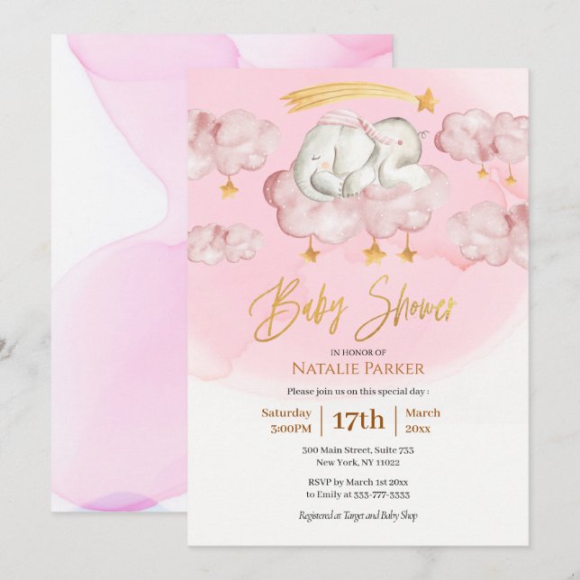 Pink Elephant Twinkle Little Star Girl Baby Shower Invitation (Front/Back)