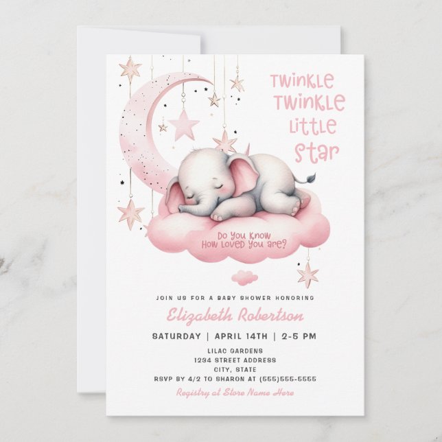 Pink Elephant Twinkle Little Star Girl Baby Shower Invitation (Front)