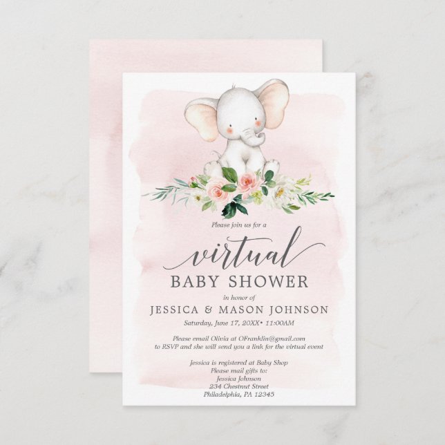 Pink Elephant Virtual Baby Shower Invitation (Front/Back)