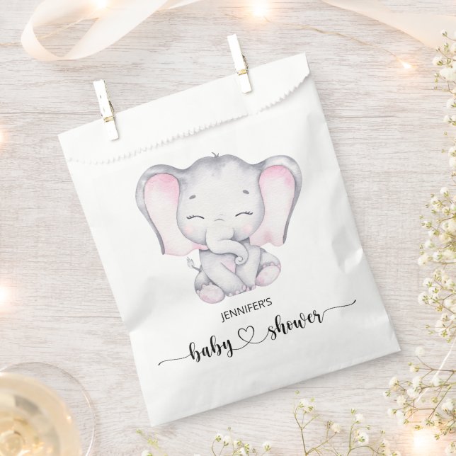Pink Elephant Watercolor Baby Shower Favour Bags (Clipped)