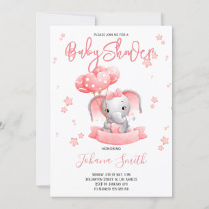 Pink Elephant Watercolor Baby Shower Invitation