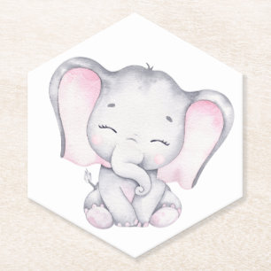 Pink Elephant Watercolor Baby Shower Paper Coaster