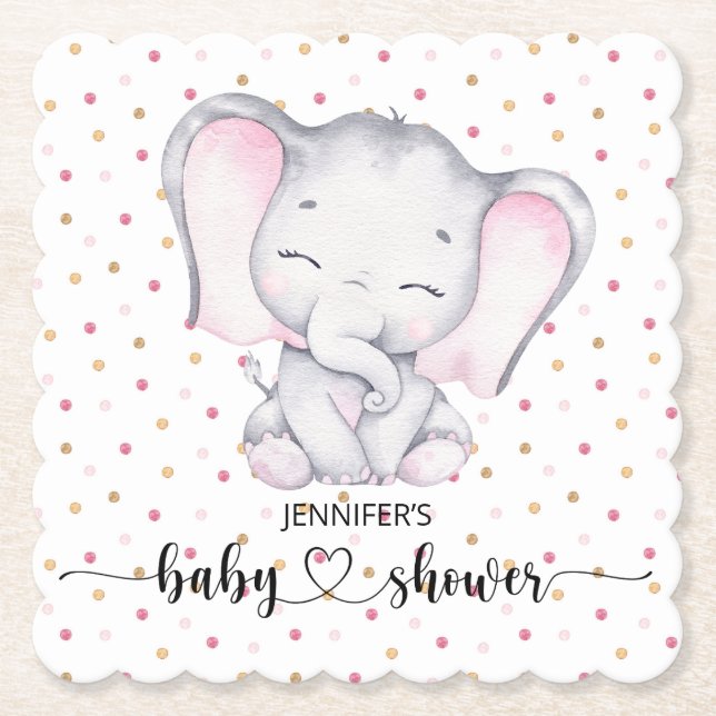Pink Elephant Watercolor Baby Shower Paper Coaster (Front)