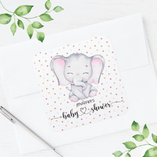 Pink Elephant Watercolor Baby Shower Square Sticker