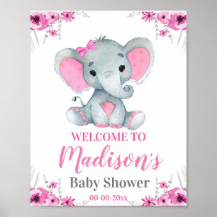Pink Elephant Welcome Sign, Girl Rustic Shower Poster
