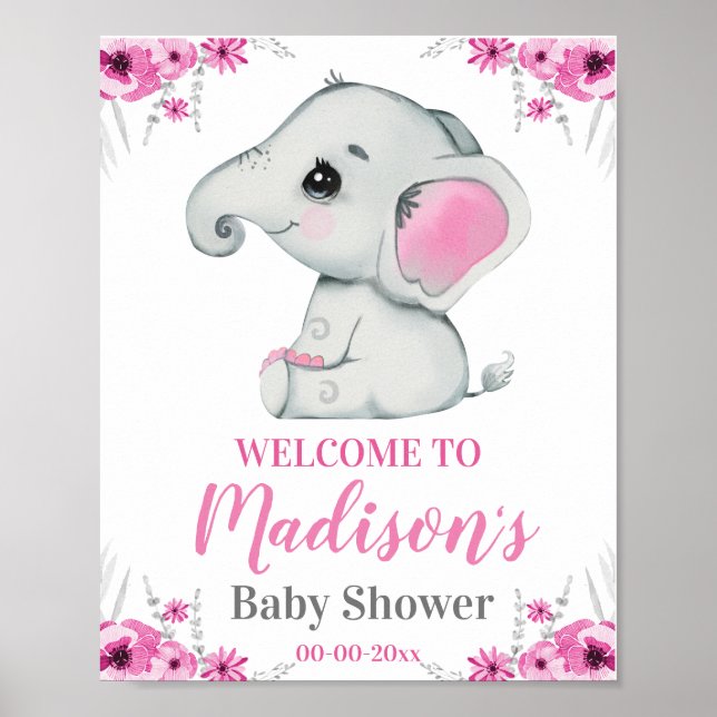Pink Elephant Welcome Sign, Girl Rustic Shower Poster (Front)