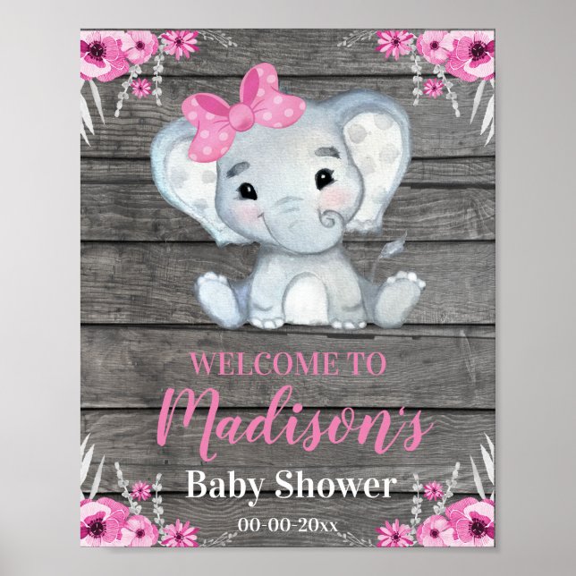 Pink Elephant Welcome Sign, Girl Rustic Shower Poster (Front)