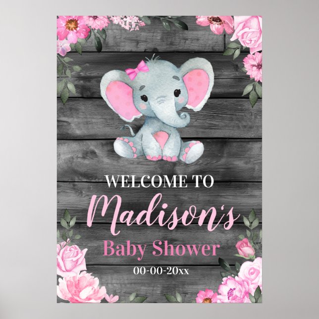 Pink Elephant Welcome Sign, Girl Shower Tabletop Poster (Front)