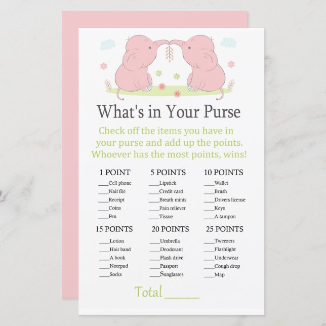 Pink Elephant What's in your purse game (Front/Back)