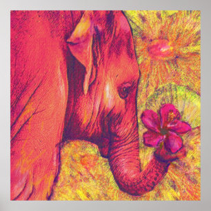 pink elephant with hibiscus poster