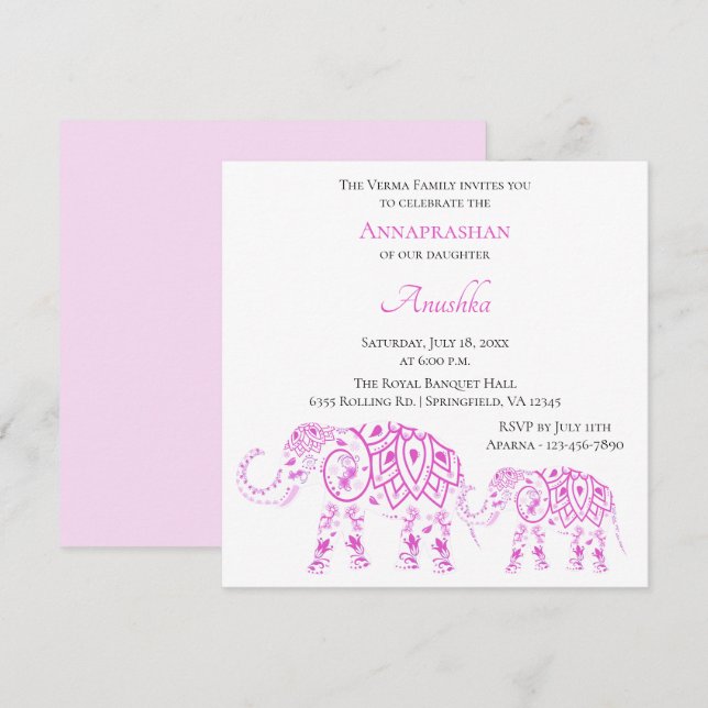 Pink Elephants Annaprashan | First Rice Invitation (Front/Back)