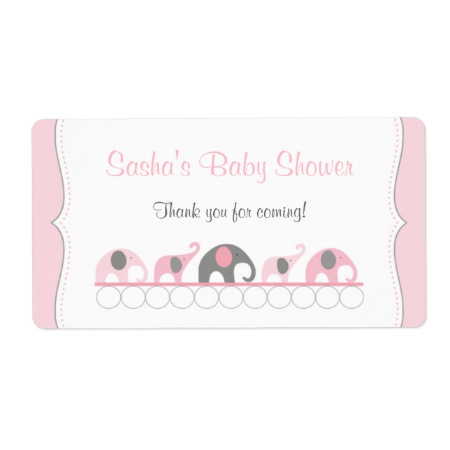Pink Elephants Baby Shower Water Bottle or Favour (Front)