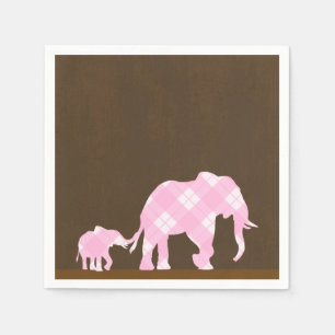 Pink Elephants Brown Trendy Modern Baby Shower Napkin
