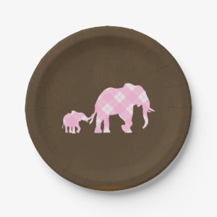 Pink Elephants Brown Trendy Modern Baby Shower Paper Plate