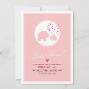 Pink Elephants Hearts Girl Baby Shower Invitation