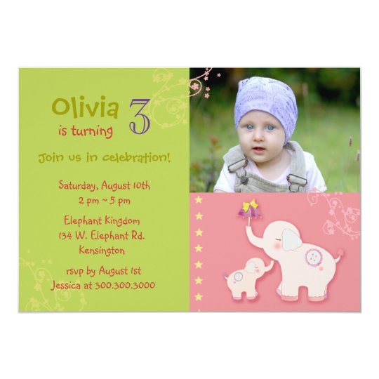 Pink Elephants Photo Birthday Party Card