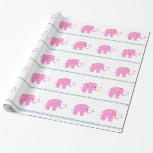 Pink Elephants with Hearts and Stripes Wrapping Paper
