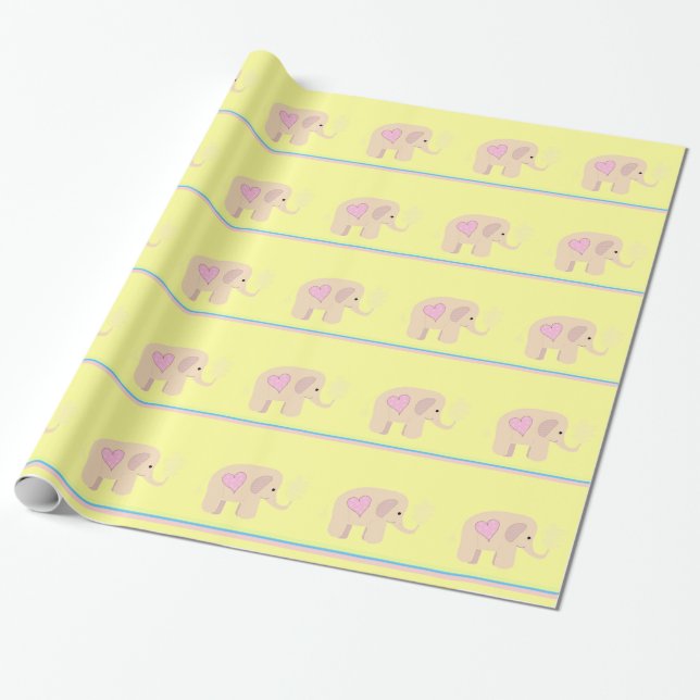 Pink Elephants with Hearts and Stripes Wrapping Paper (Unrolled)