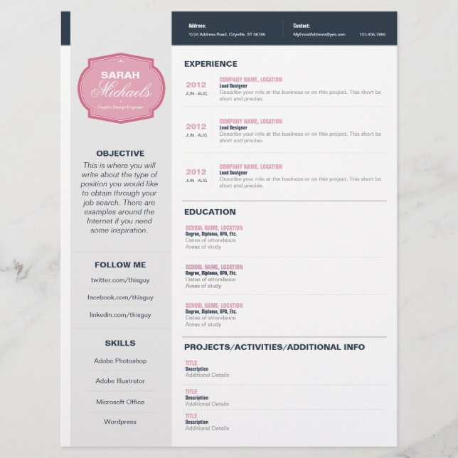 Pink Emblem Resume Personalised Letterhead (Front)