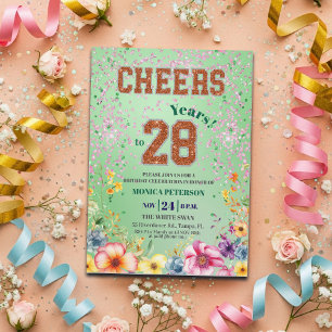 Pink Emerald Glitter Floral 28th Birthday Party Invitation