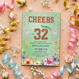 Pink Emerald Glitter Floral 32nd Birthday Party Invitation