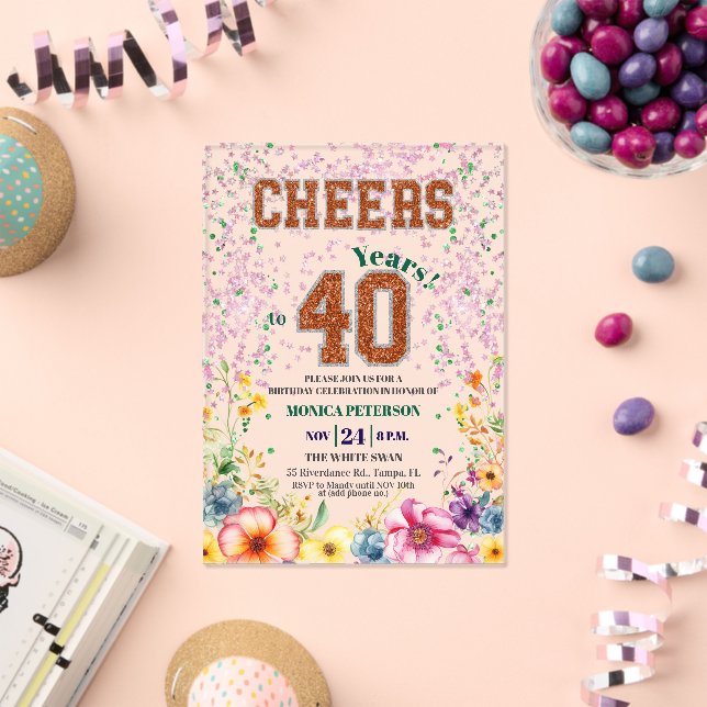 Pink Emerald Glitter Floral 40th Birthday Party Acrylic Invitations (Insitu (Celebration))