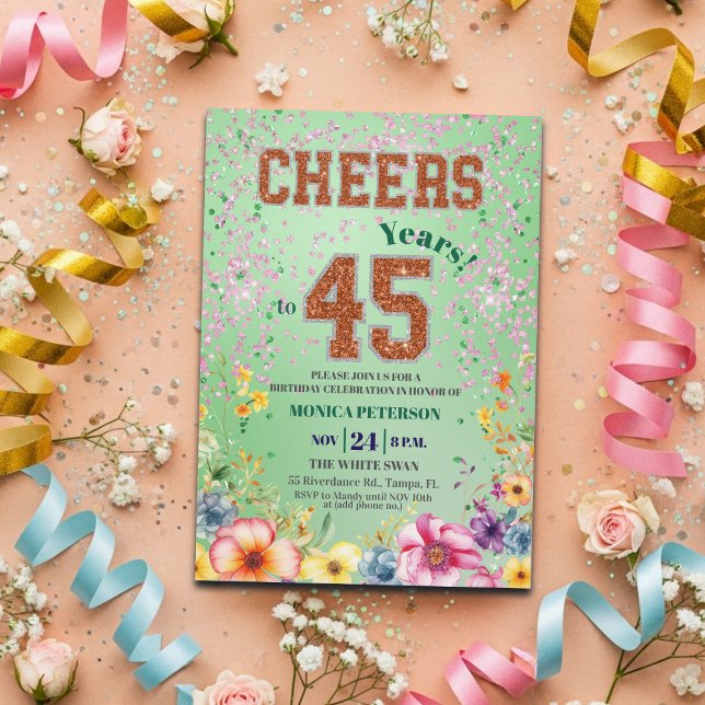 Pink Emerald Glitter Floral 45th Birthday Party Invitation (Creator Uploaded)
