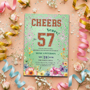 Pink Emerald Glitter Floral 57th Birthday Party Invitation