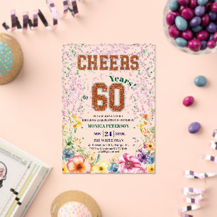 Pink Emerald Glitter Floral 60th Birthday Party Acrylic Invitations