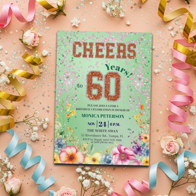 Pink Emerald Glitter Floral 60th Birthday Party Invitation (Creator Uploaded)